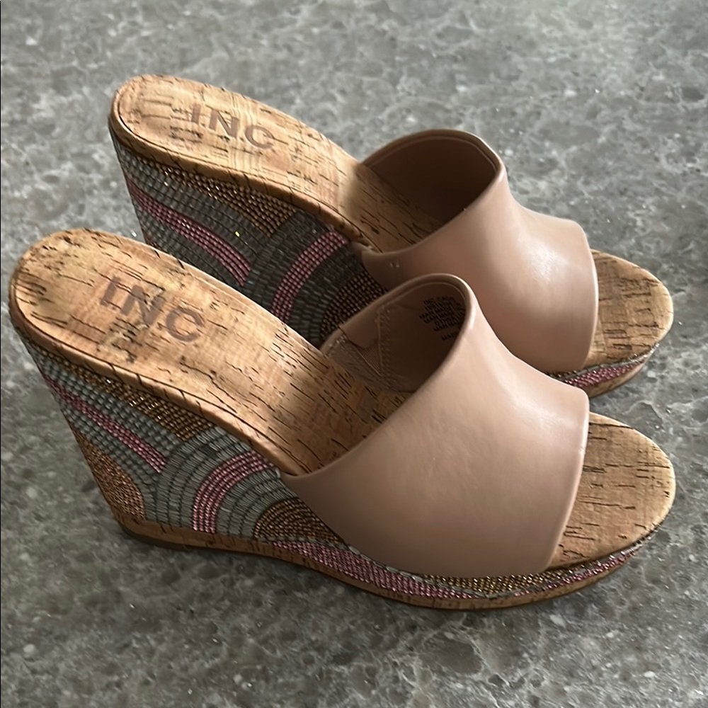 INC International Concepts Tan Wedge Sandals Slip-On